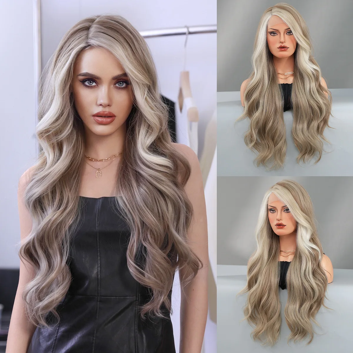 Chemical Fiber Lace Wave Full Head Set Orange Gold Side Split T-Part Lace Wigs