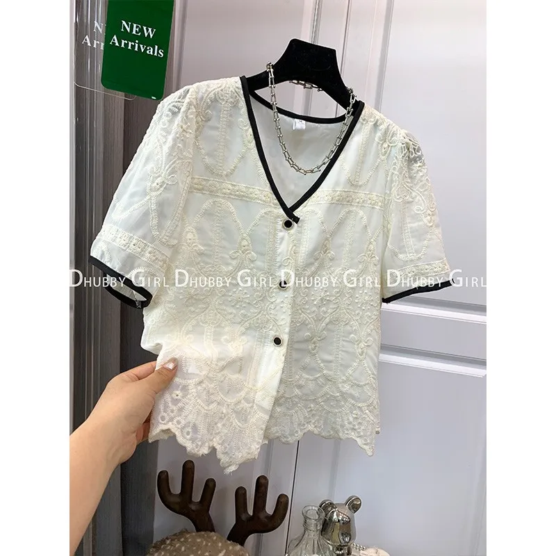 Summer Basic Solid Color Shirt Women 2023 Short Sleeve Chic Ladies Casual Party V-Neck  Short Blouse