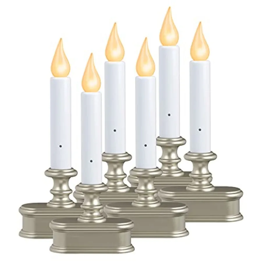 FPC1221P-R6 Battery Operated LED Dusk to Dawn Window Candle with Amber Steady On or Flicker Flame, Pewter/ Pack of 6