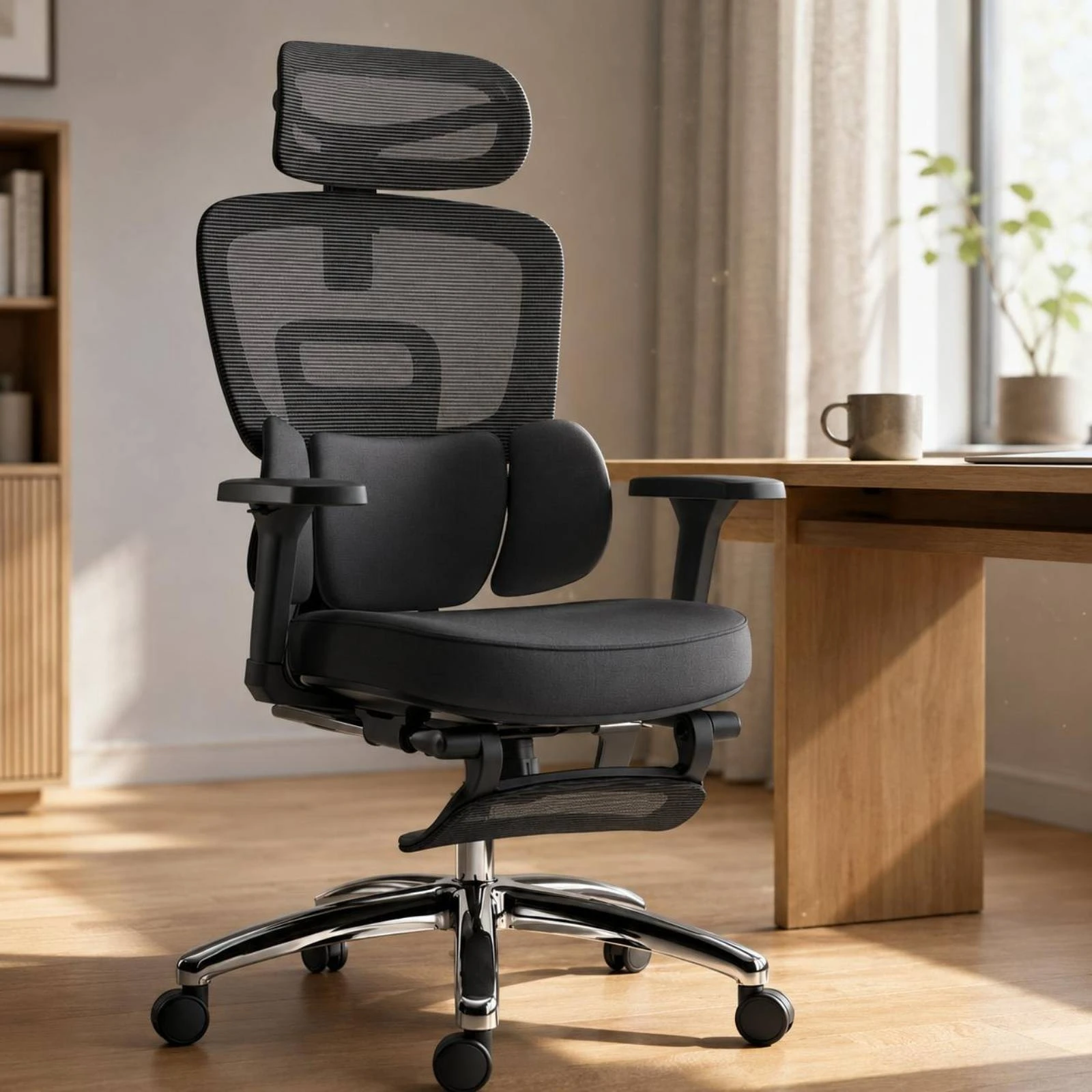 Cadeira de Escritório Ergonômica com Apoios de Braço Almofadados, Suporte Lombar, Base Giratória e Altura Ajustável