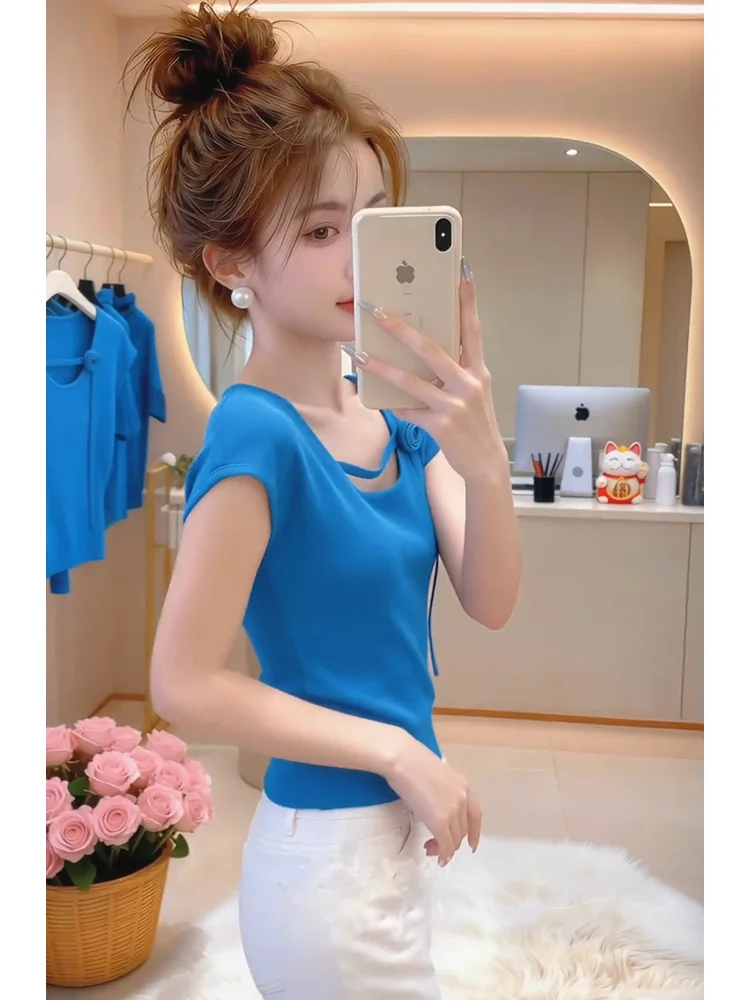 Klein Blue Short Sleeve Knitted Top Women Summer Dopaamine Unique Beautiful Short Style Casual Loose Fit Breathable T-Shirt