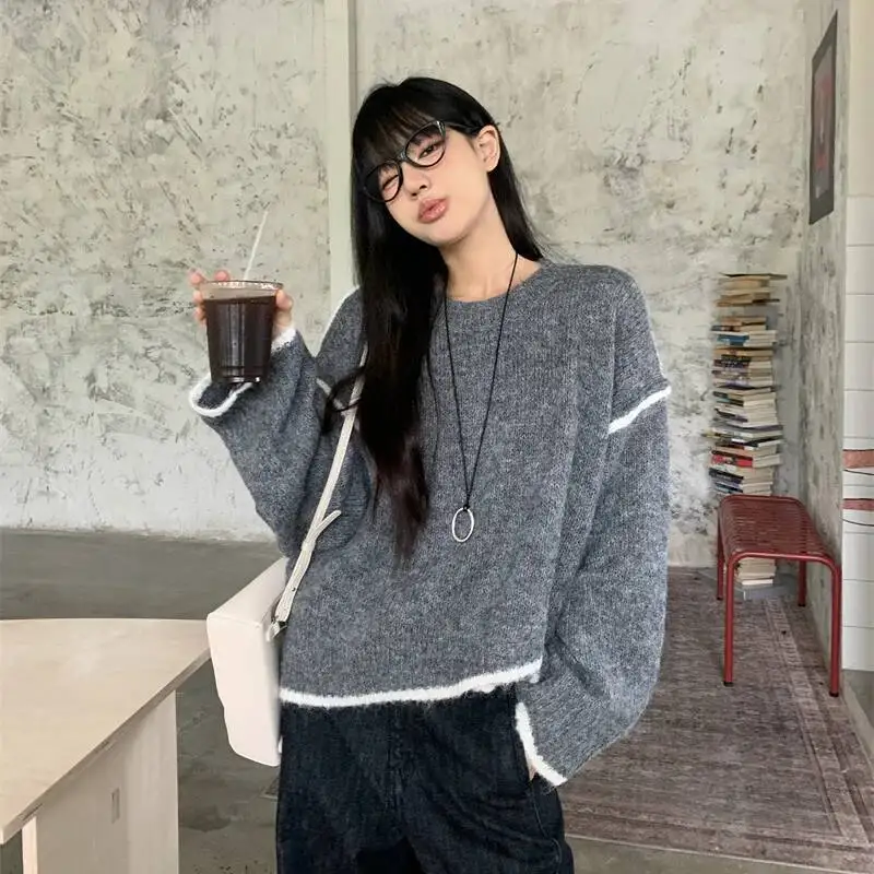 

Необычный сращенный пуловер, женский уличный свитер контрастного цвета, свободные вязаные свитера с круглым вырезом, осенний стильный трикотаж с длинными рукавами