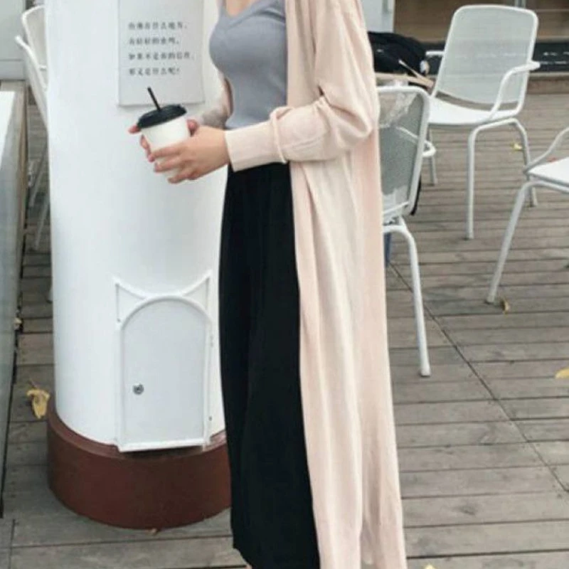كارديجان طويل محبوك للنساء ، سترات حرير ثلجي ، توبات ، ملابس تريكو نسائية ، ملابس صيفية واقية من الشمس ، 80 في الكورية ، Q357