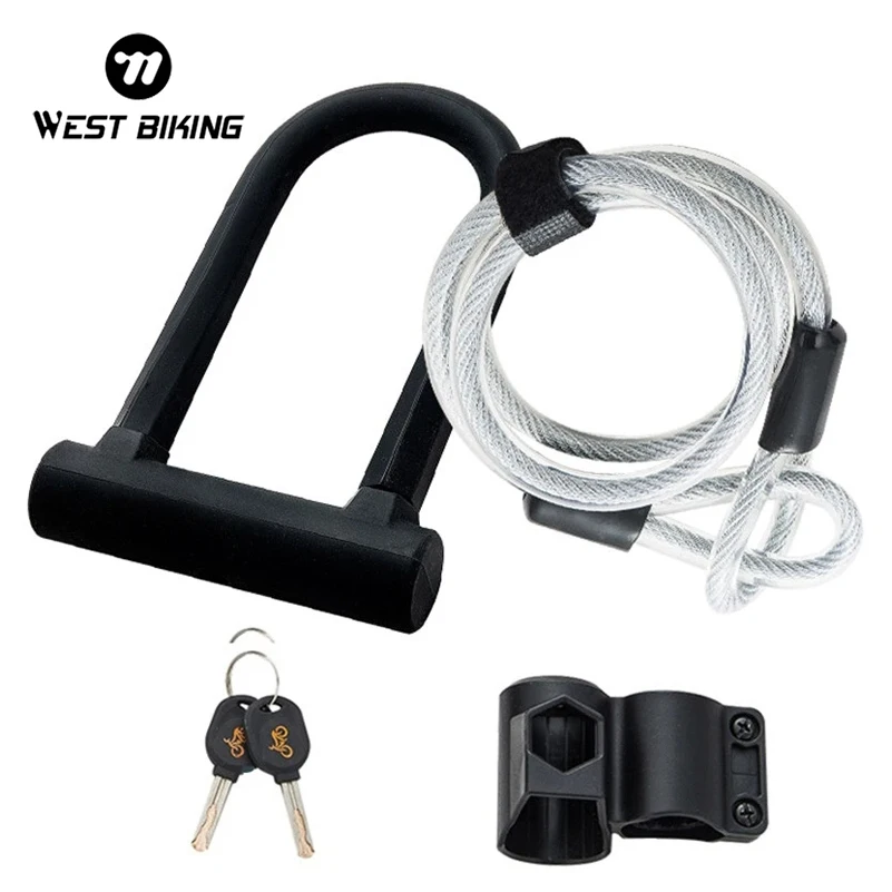 WEST BIKING Safety Bike U Lock Steel MTB Road Bike Bicycle Cable Lock Anti-theft Heavy Duty Lock Set Cycling U-lock with Cable