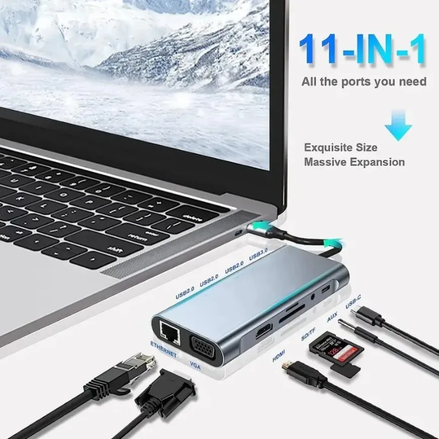 USB C Hub 11-in-1 Type-C Docking Station with 4K Type-C to HDMI-Compatible VGA 100Mbps Ethernet 100W PD USB3.0 TF/SD Card Reader