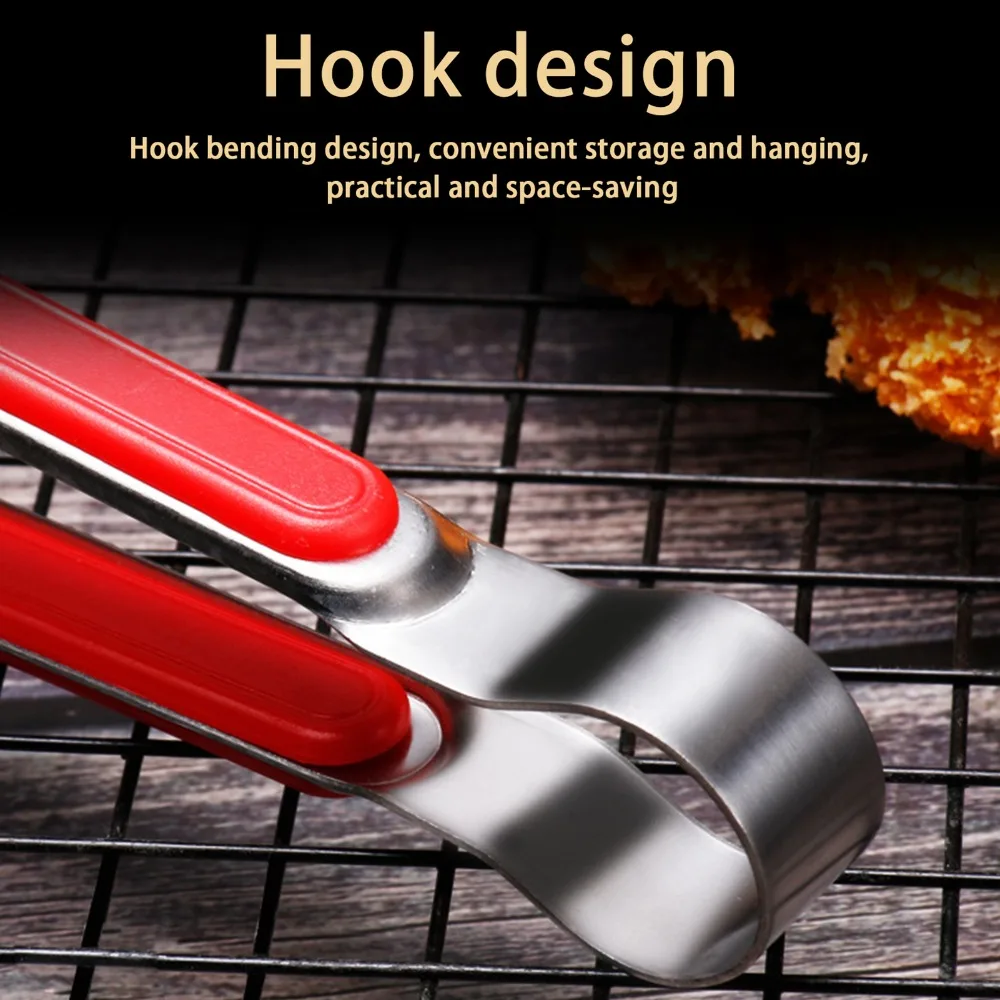 Comfortable Serrated Tips BBQ Tongs Raised Grip Stainless Steel Grill Tongs Black Red Long Tong Serving Tongs Buffet Serving