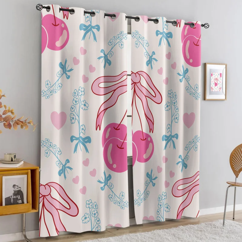 

2Pcs Cute Cherry Bow Flower Print Perforated Blackout Curtains, Multi Size Living Room Girls Room Bedroom Insulation Decoration