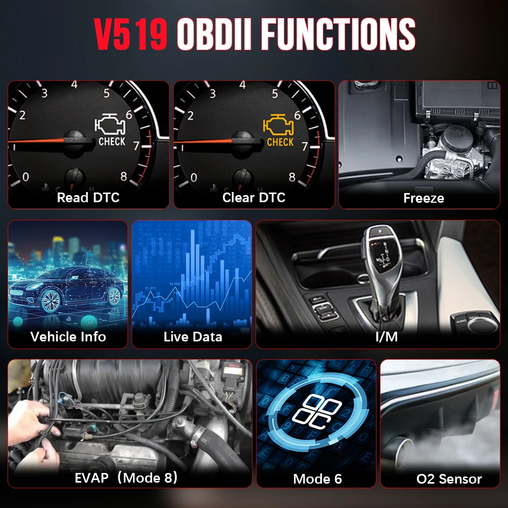 V519 OBDII Code Reader Live Data Read Clear DTC O2 Sensor Diagnostic Tool Voltage Tester Check Engine OBD Car Scanner