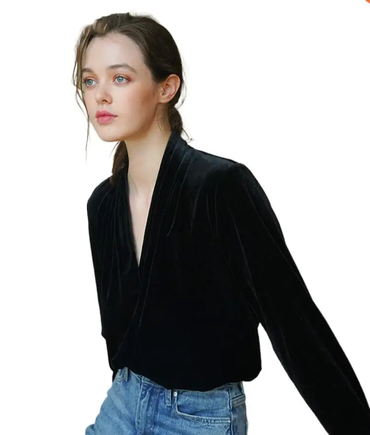 

Elegant office ladies velour blouse Fashion casual Women's Deep V-neck gold velvet shirt Burgundy camisas de mujer elegantes