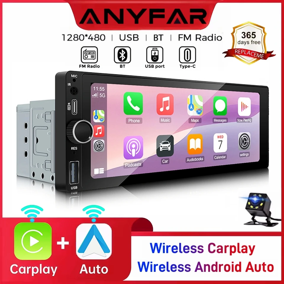 ANYFAR 6.86인치 1280*480 1 Din MP5 플레이어 카 라디오 무선 카플레이 안드로이드 오토 멀티미디어 플레이어 1Din FM 오토 라디오 스테레오
