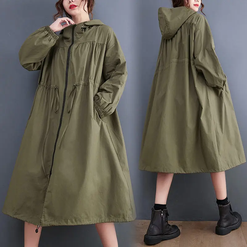 

Large Size Women's Clothing 2022 Autumn Fashion All-Match Hooded Trench Coat Drawstring Waist Thin Long Windbreaker Trendy T075