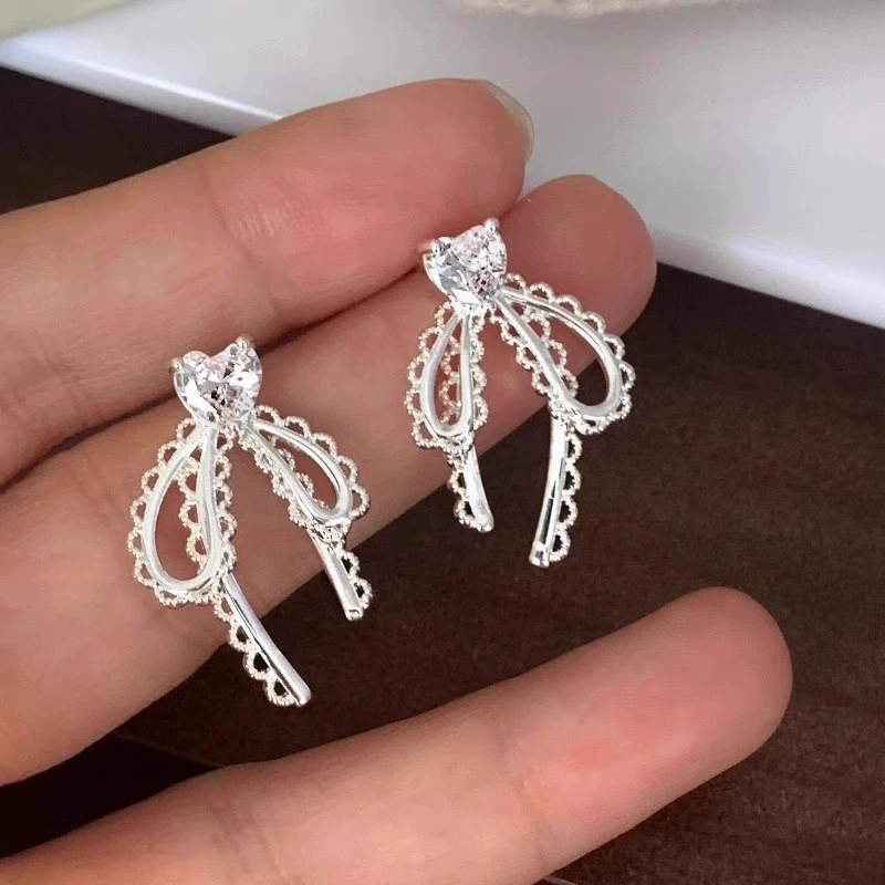 Trendy Metal Lace Mesh Bow Shape Earrings for Women Silver Color Rhinestones Heart Drop Earrings Cute Sweet Jewelry Girls Gift