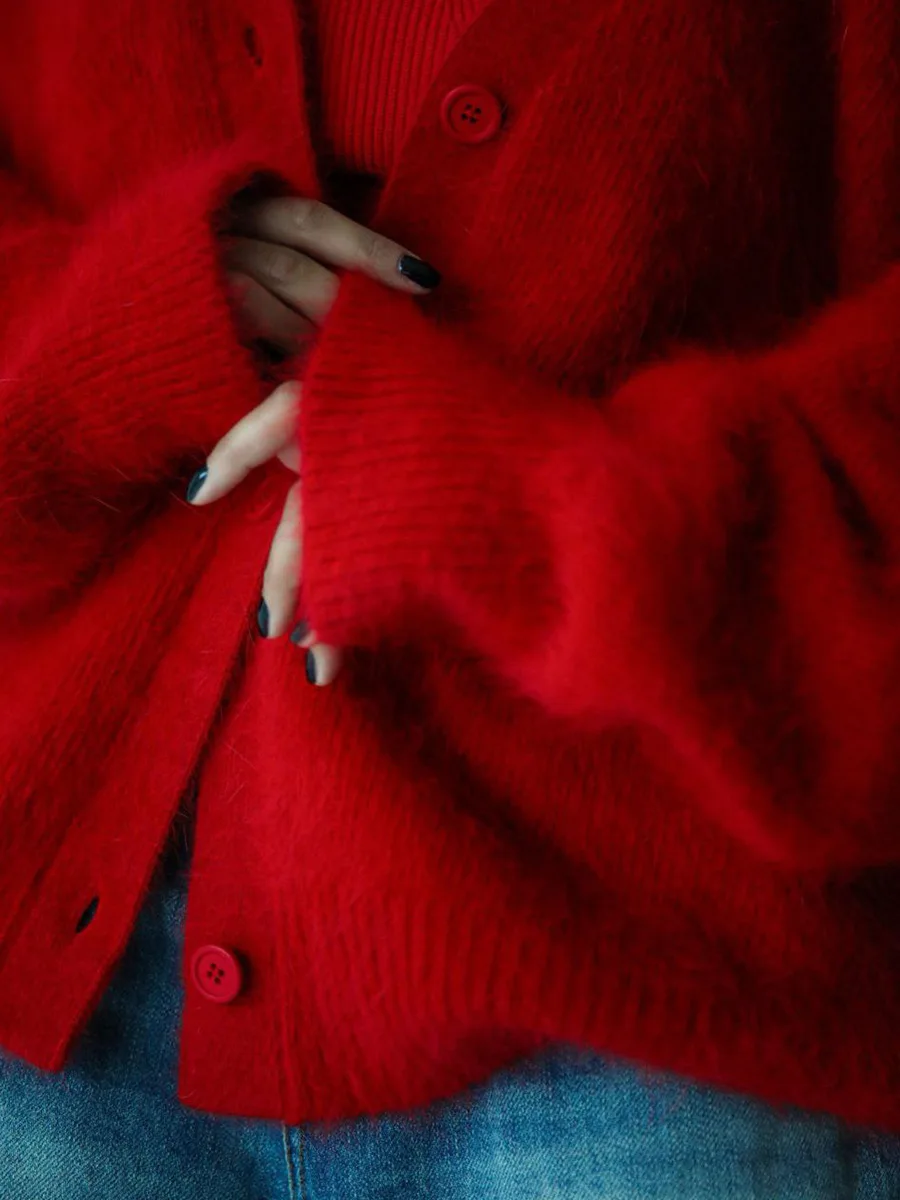 2025 nova europa e américa outono inverno preguiçoso solto de manga comprida com decote em v camisola casaco senhoras lã camisola de malha cardigan