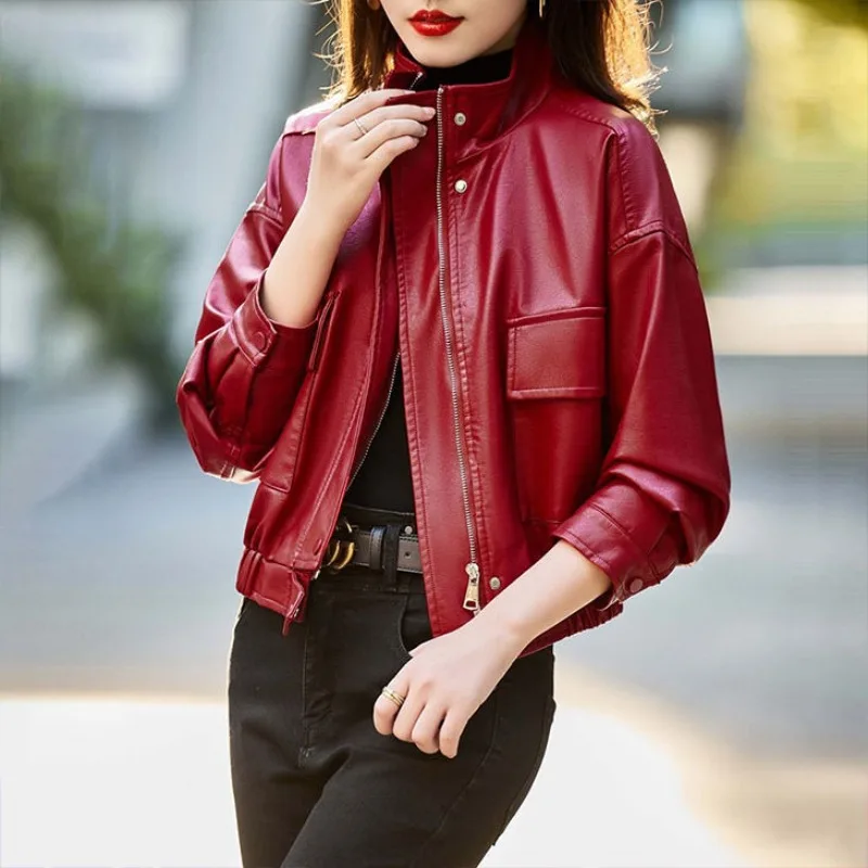 2025 primavera e outono nova jaqueta de couro feminino casaco solto curto vermelho casual
