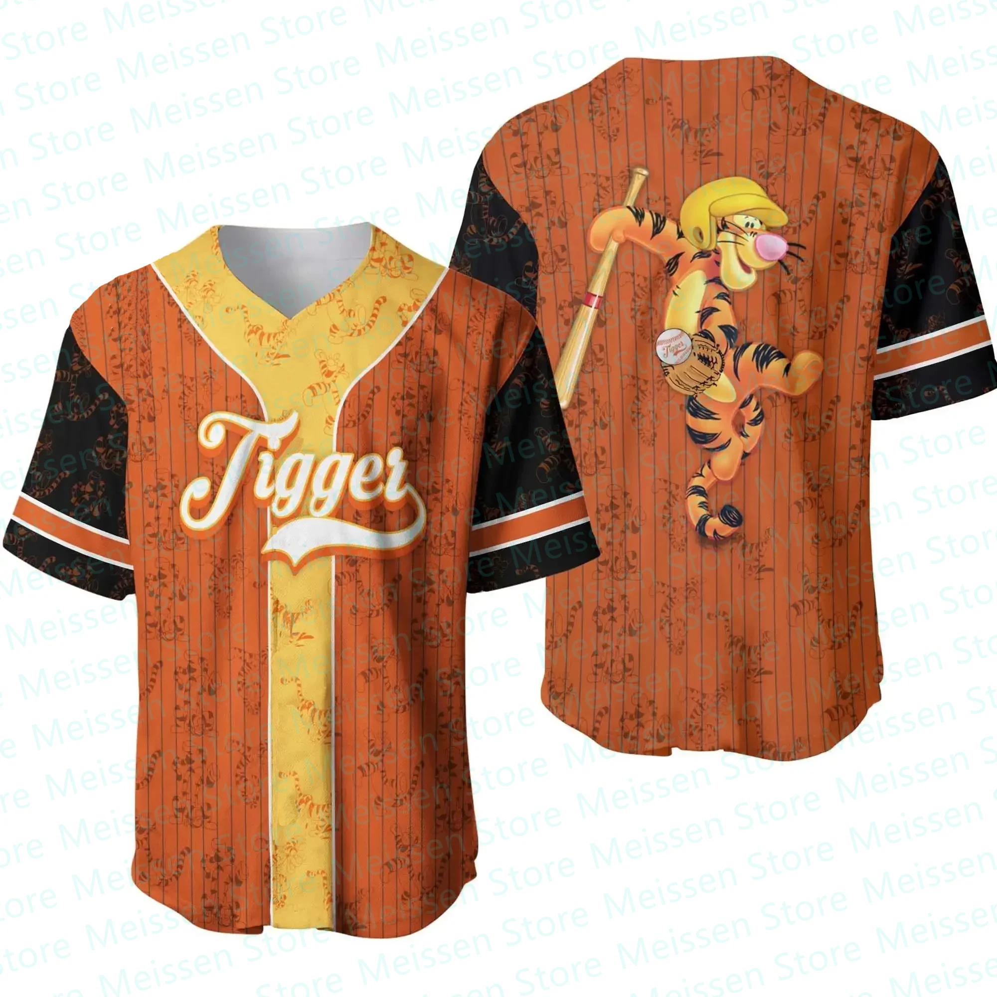 Disney Tegger Printting Fashion Baseball Jersey Tigger Winnie The Pooh Tops Kid\'s Cartoon Graphic Casual Short Sleeve Street Tee