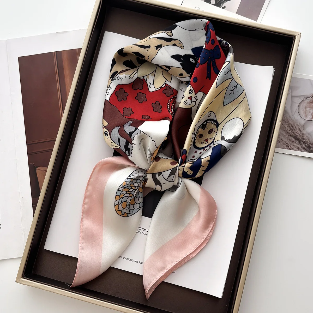 

Spring/Summer Luxury Soft Satin Neckerchief 70*70cm Cute Cat Print Square Scarf Women’s Breathable Imitation Silk Bandannas