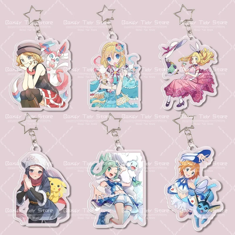 Kawaii Anime Acrylic Keychain Dawn Misty Lillie Figure Pendant Cute Cartoon Keyring for Bag Decor Fans Collection &Birthday Gift