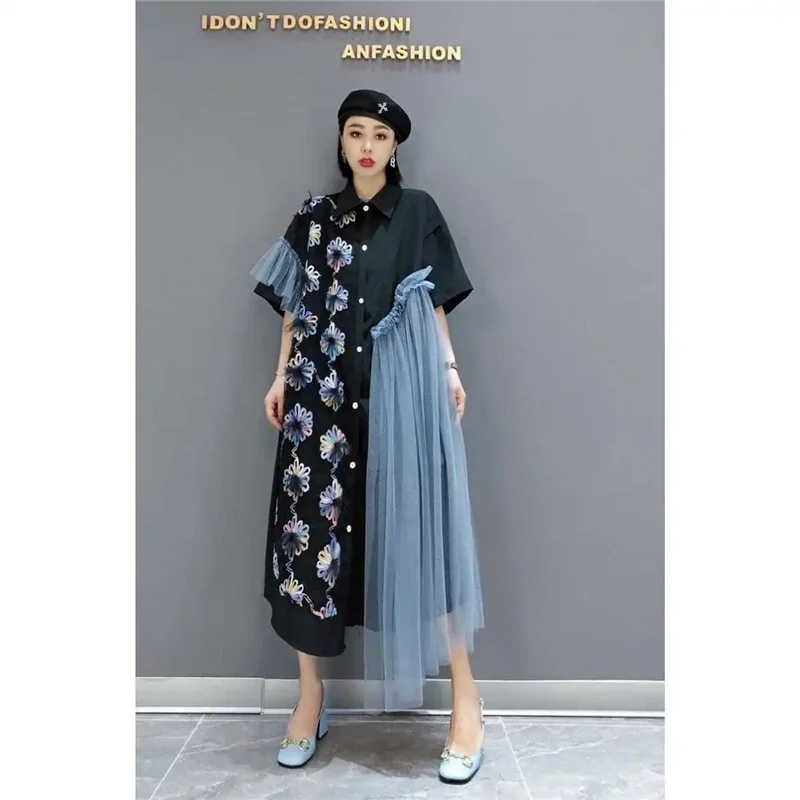 Robe chemise longue d'été pour femmes, grande taille, nouvelle mode, ample, décontractée, boutons, gaze, jonction ensemble, jupe noire, un mot, 2025