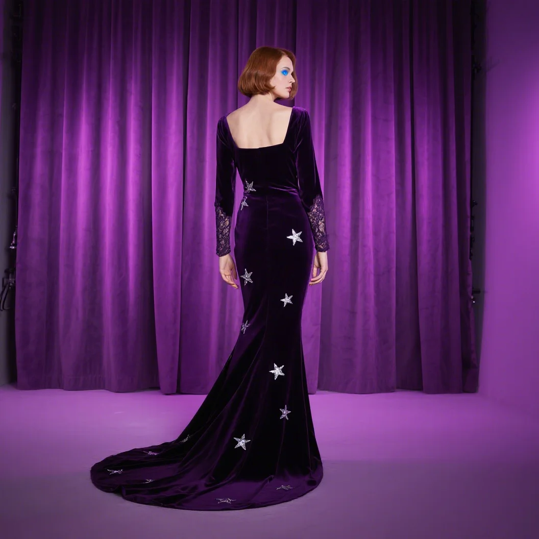 فستان سهرة أنيق على شكل حرف a مخملي بأكمام طويلة ترتر رقبة مربعة سويب تراين فستان زفاف الضيوف 2025 مخصص مجاني