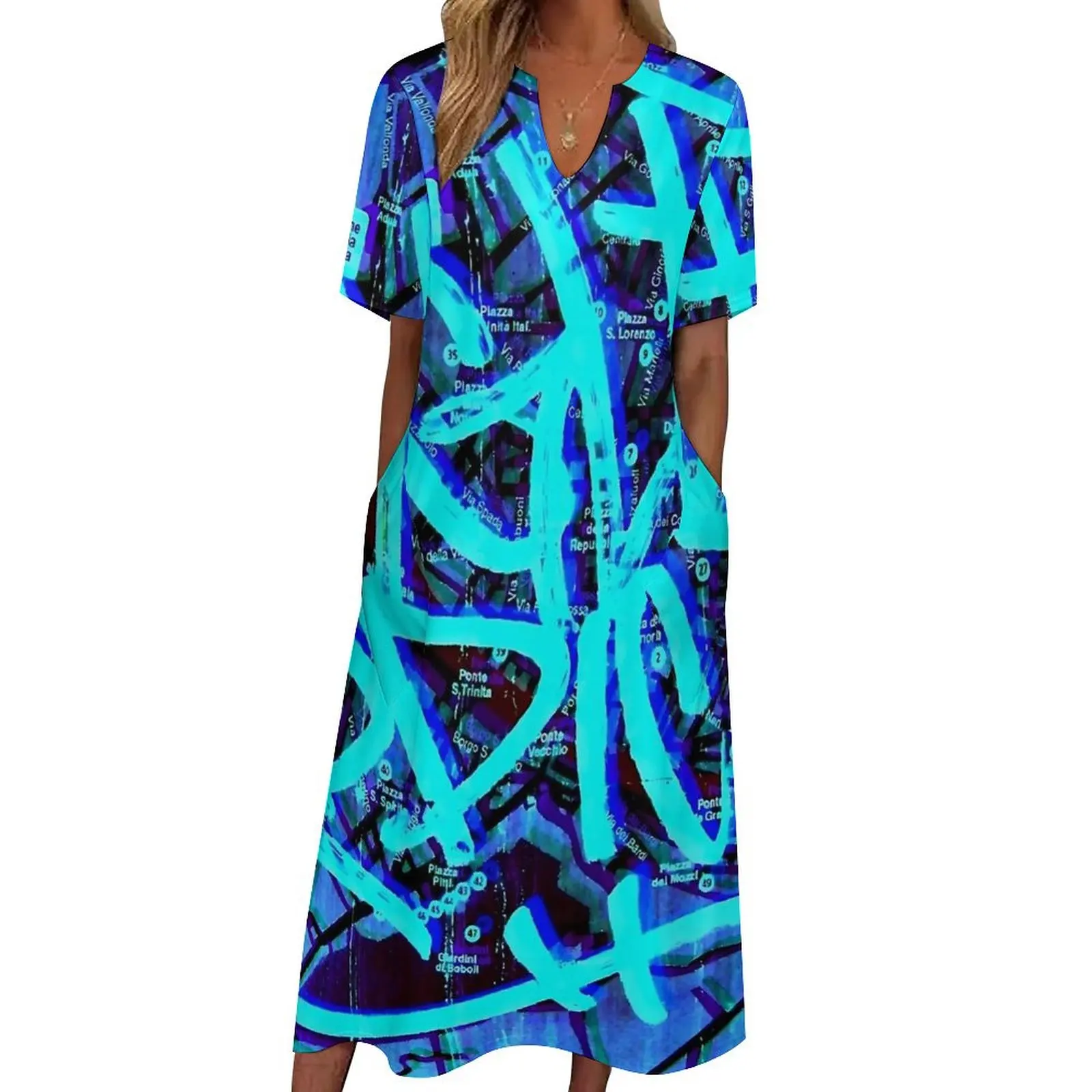 Graffiti Artists Dress Blue Print Elegant Maxi Dress Short Sleeve Design Boho Beach Long Dresses Aesthetic Oversize Vestido