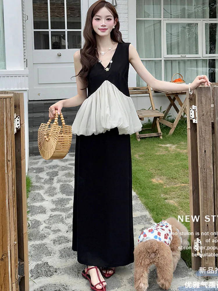 

Summer Women Casual Suit Fashion Chiffon Ruffles Splicing Sleeveless Tops + High Waist Long Skirts French Sweet Two Piece Sets
