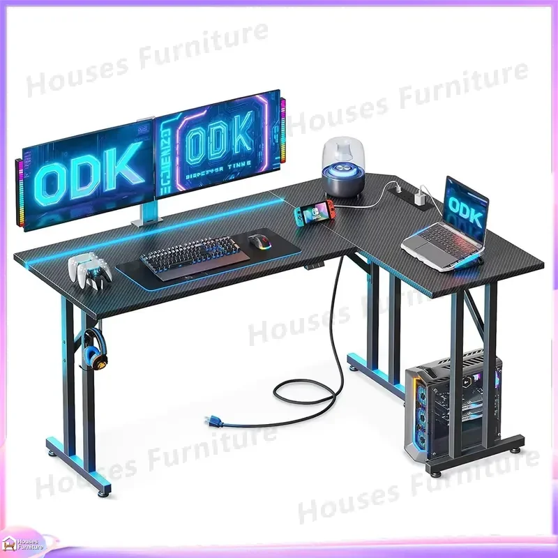 L Shaped Gaming Desk with  LED Lights Carbon Fiber Texture PC Computer Table with Headphone Hook Cable Management Black