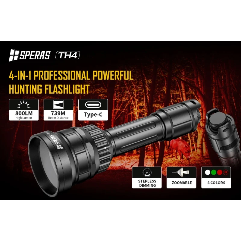 SPERAS TH4 Hunting Light 4 Color in 1Red White Green IR Zoomable Predator Flashlight with Remote Pressure Switch IPX6 Waterproor