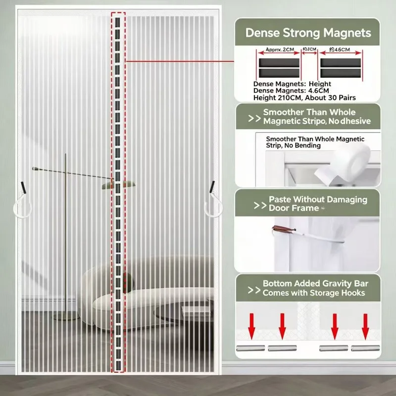 Plaincolor transparent mesh magnetic door curtain,invisible magnetic block self-adhesive screen door,mosquito-proof door curtain