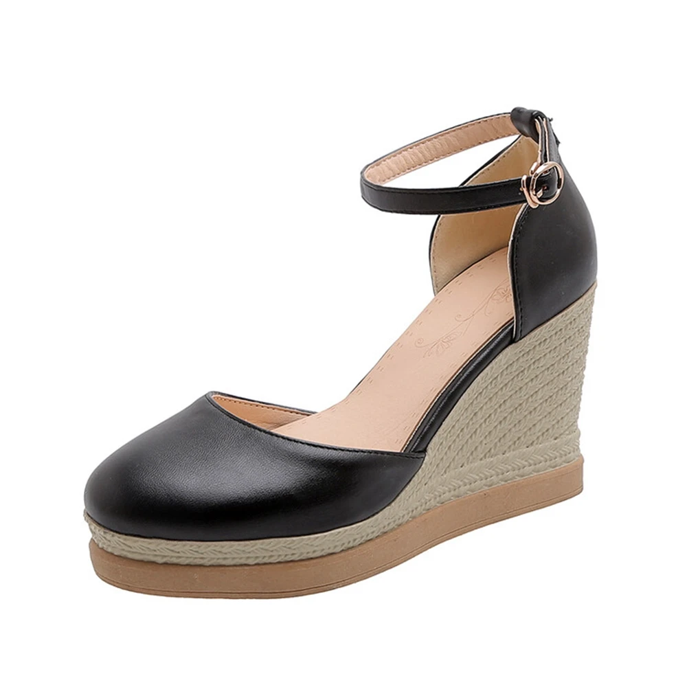 Sandalias de cuña con correa al tobillo para mujer, con punta cerrada, plataforma de esparto, tacones negros/blancos/rosas, tallas 32-44 20-55