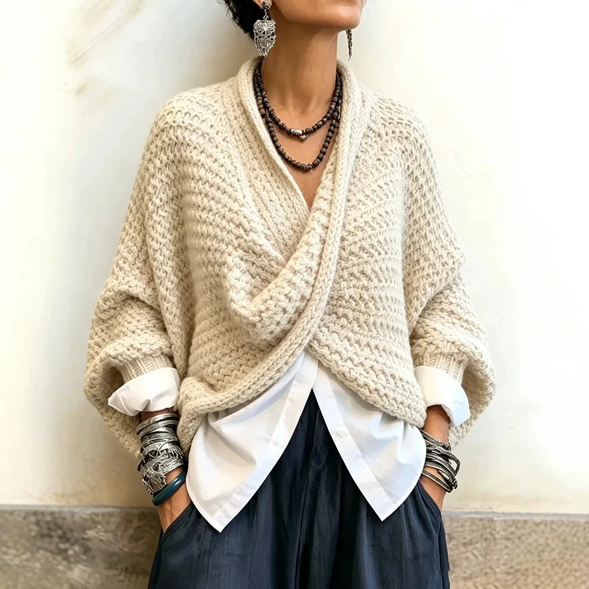 Women's Autumn Thick Textured Front Knitted Jumper Knitted Cross Sweater V-neck Loose Batball Sleeve Bohemian Daily Knitted Top 4