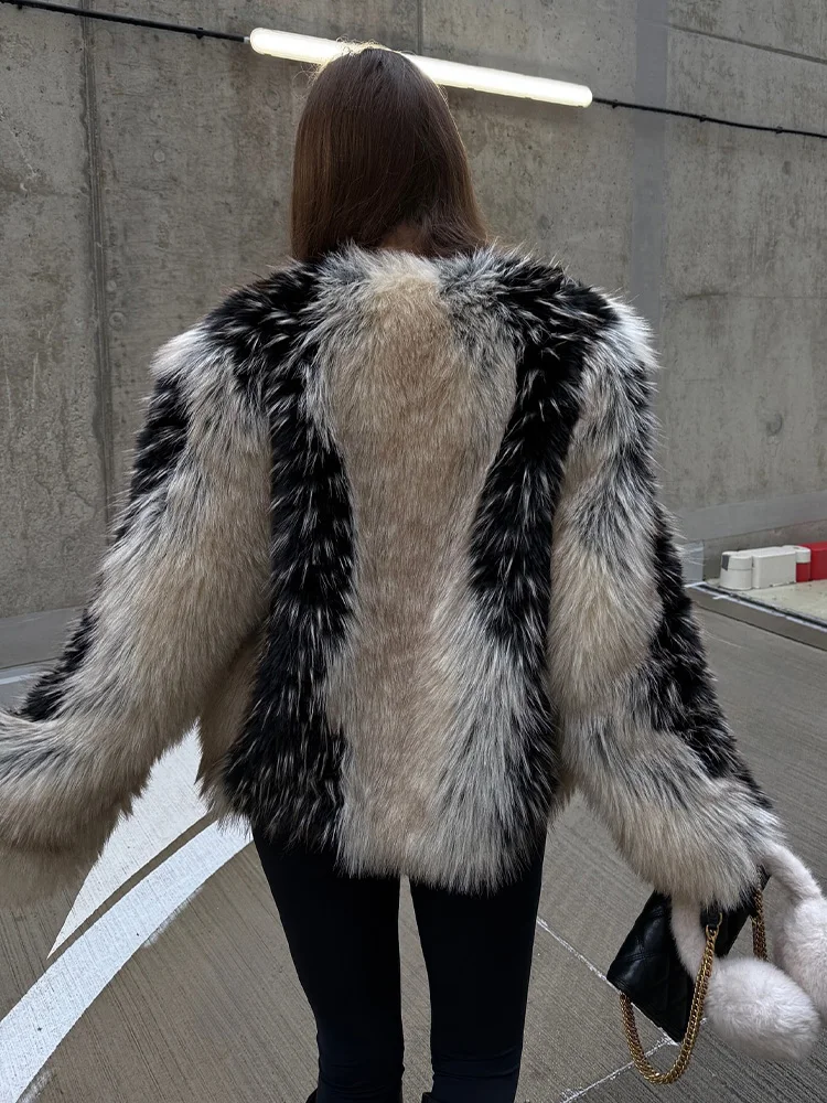 HH 冬 レディースファッション 長袖 暖かいジャケット 隠しバックル カラーブロック装飾 アウター フェイクファー風 Oネック ショートジャケット