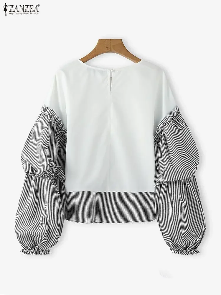 2025 ZANZEA Moda Donna Camicetta con maniche a lanterna a righe Stampa floreale Tunica Top Autunno Casual Manica lunga Elegante Camicie da ufficio