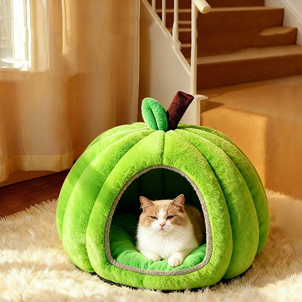 

Pet Supplies Plush Pumpkin Cat House Non-slip Semi-enclosed Dog Nest Comfortable Warm Thickened Cat Sleeping Bed Autumn Winter