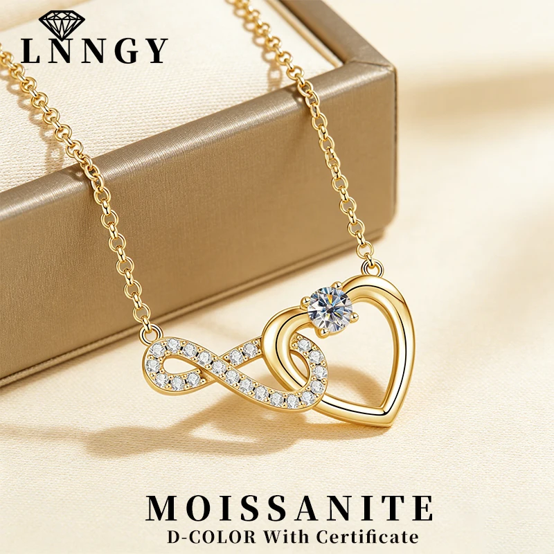 Lnngy Certified 4mm&1.3mm VVS1 D Moissanite Necklace Collar Plata 925 Sterling Silver Infinity Heart Shaped Pendant Necklaces