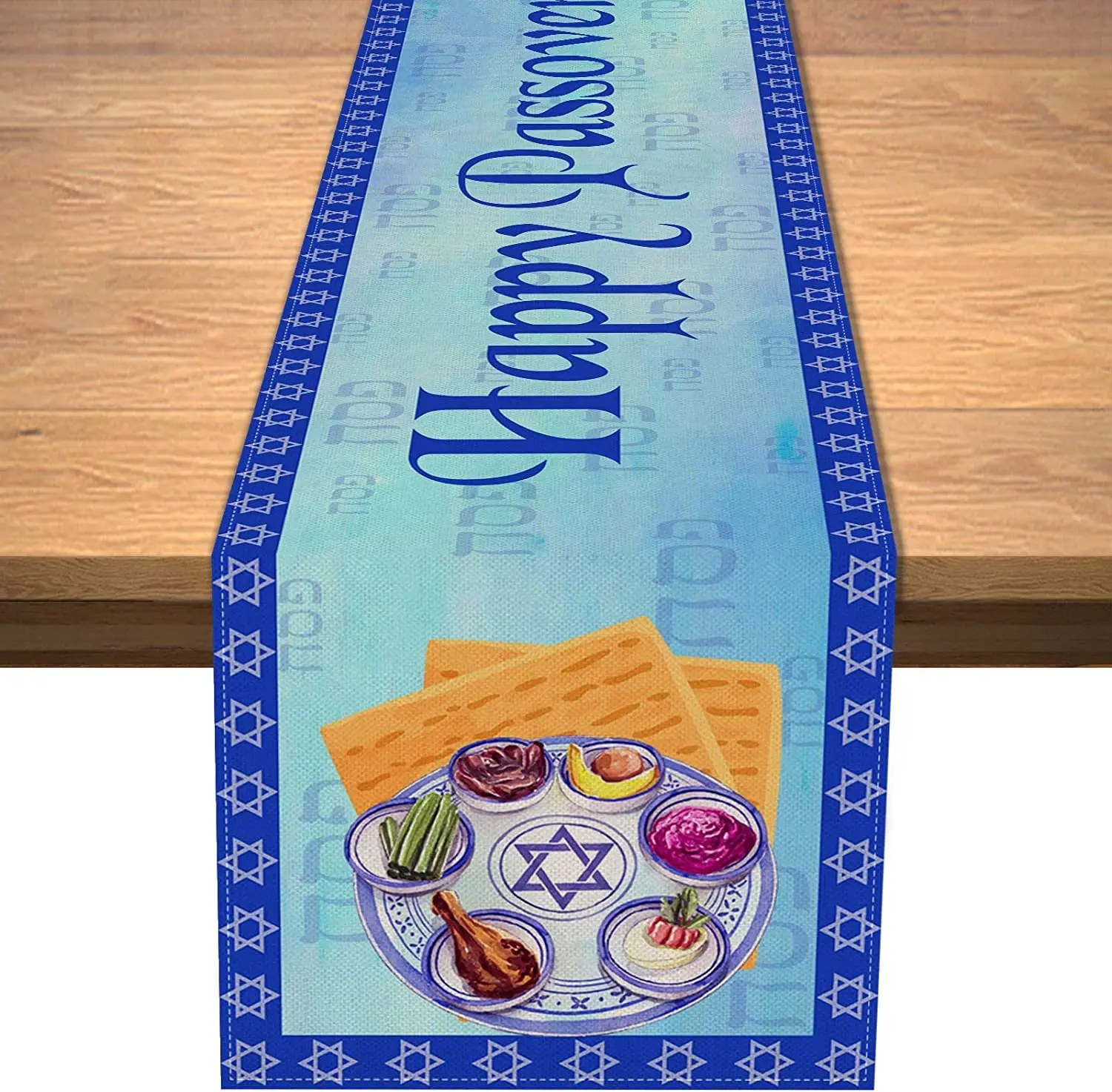 Happy Passover Linen Table Runner Pesach Star of David Jewish Festival Watercolor Table Runner Jewish Holiday Party Table Decor