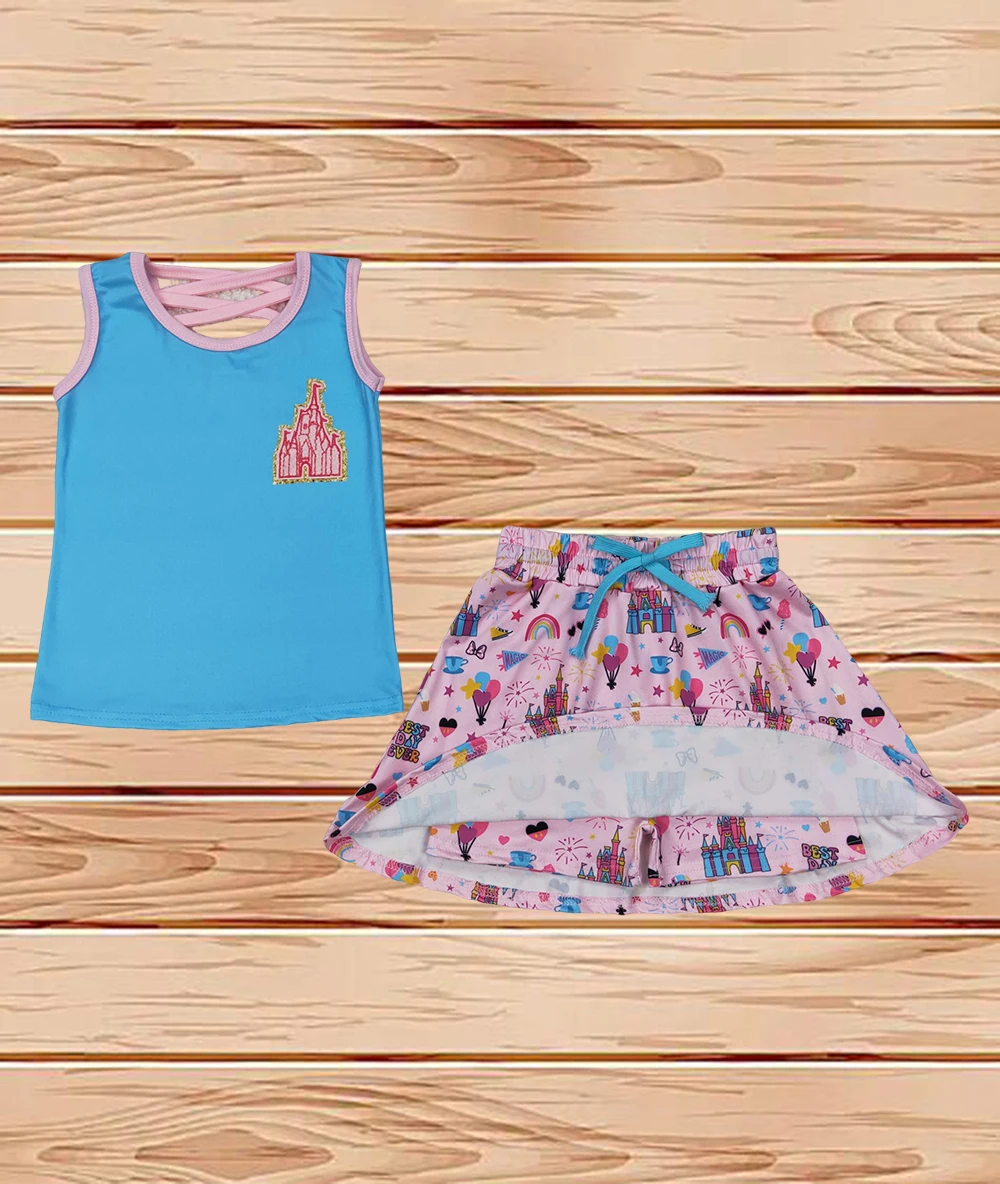 

3.25 Wholesale Western Boutique children clothing outfits Baby Girls Castle Princess Shirt Skort Skirt Clothes Sets