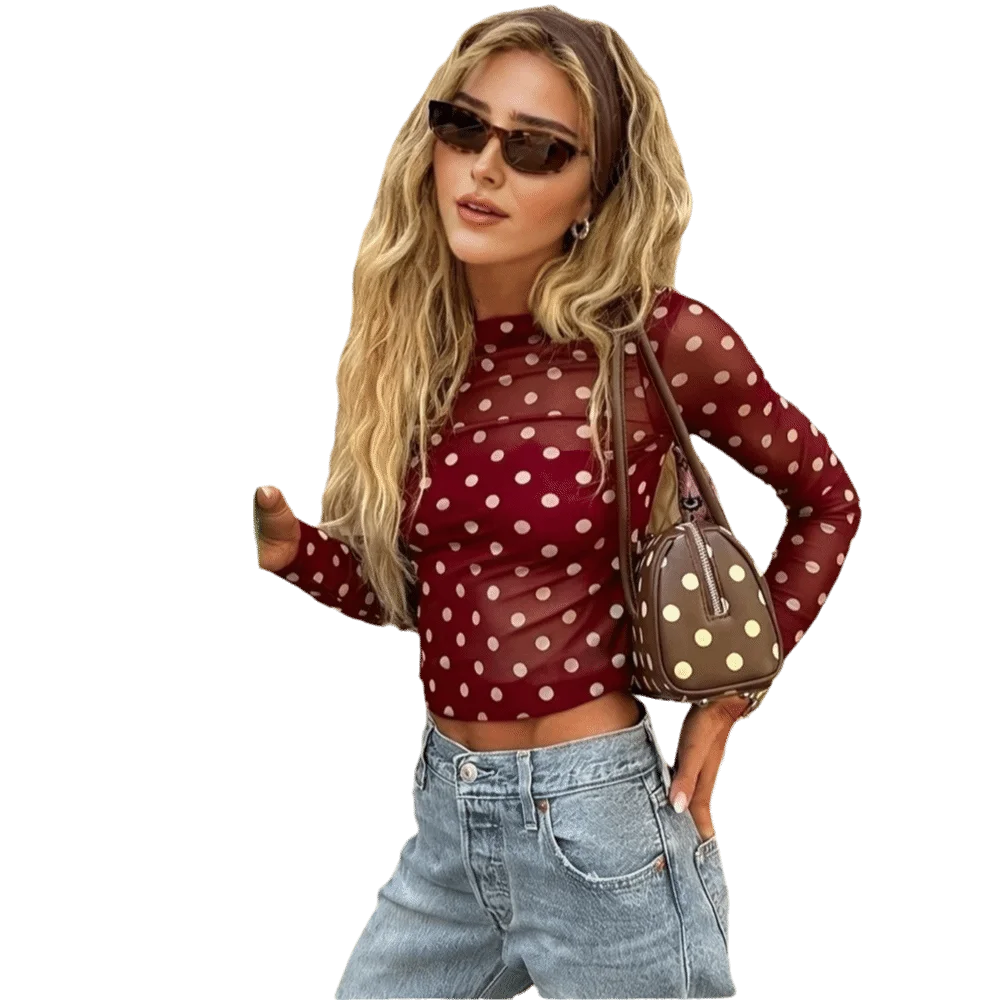 Fashion Transparent Polka Dot T-Shirt Leopard Slim Fitted Long Sleeve T-Shirt Round Neck Y2k Crop Top Casual Occasions