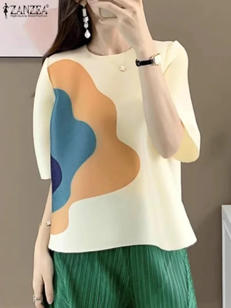 

ZANZEA Women Fashion Blouse 2025 Summer Short Sleeve Casual Loose Printed Tops Color Patchwork Shirts Oversize Blusas Streetwear