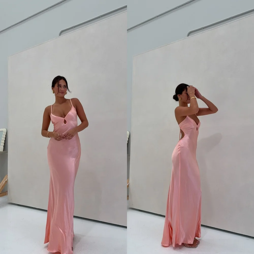 

Customized Graceful V-Neck Spaghetti Straps Evening Dress Delicate Lace Up Back Celebrity Gowns Fashion A-Line Party Dress