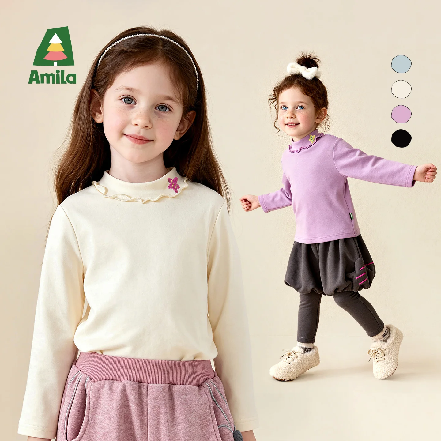 Amila 2026 Kids Winter Girls' Warm Long Sleeve Bottom Top With Lotus Leaf Half High Neck And Velvet Lock For Warmth