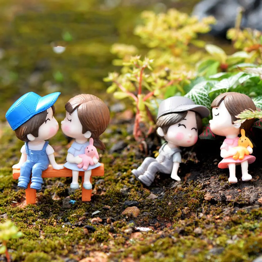 2pcs Car Ornament Cake Decoration Micro Landscape Resin Crafts Couple Figurines Lovers Fairy Garden Stool