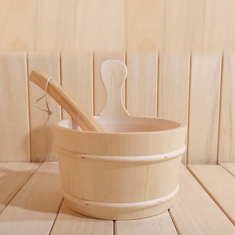 4L Wooden Sauna Bath Bucket Set With Spoon Set for Sauna Bath Shower Wooden Bucket Spa Steam Water Accessories for Bathroom