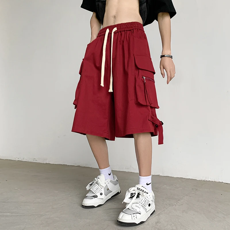 

American Vintage Burgundy Cargo Shorts Men's Summer Fashion Functional Pants Baggy Wide-leg Six-quarter Pants