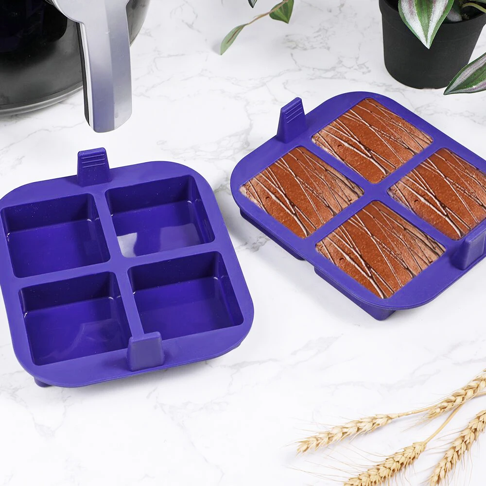 2 Pack Silicone Brownie Baking Molds, Purple 4‑Cavity Square Cake Mold with Handle, Non‑Stick Baking Pan for Air Fryer Oven