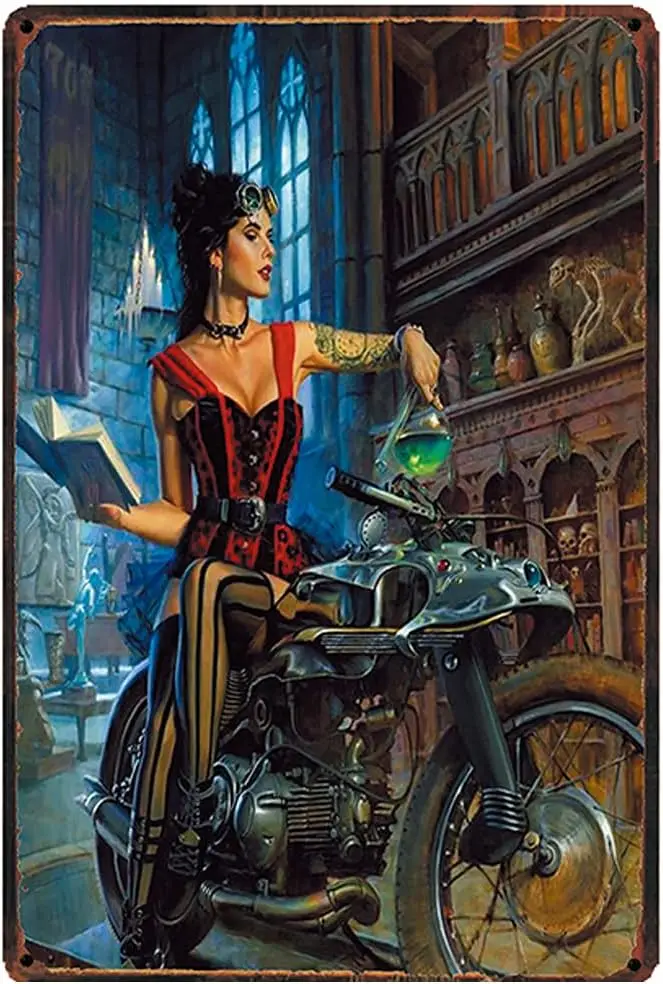 Original Retro Design Witch on a Motorcycle Tin Metal Signs Wall Art | Thick Tinplate Print Poster Wall Decoration for Gara sign