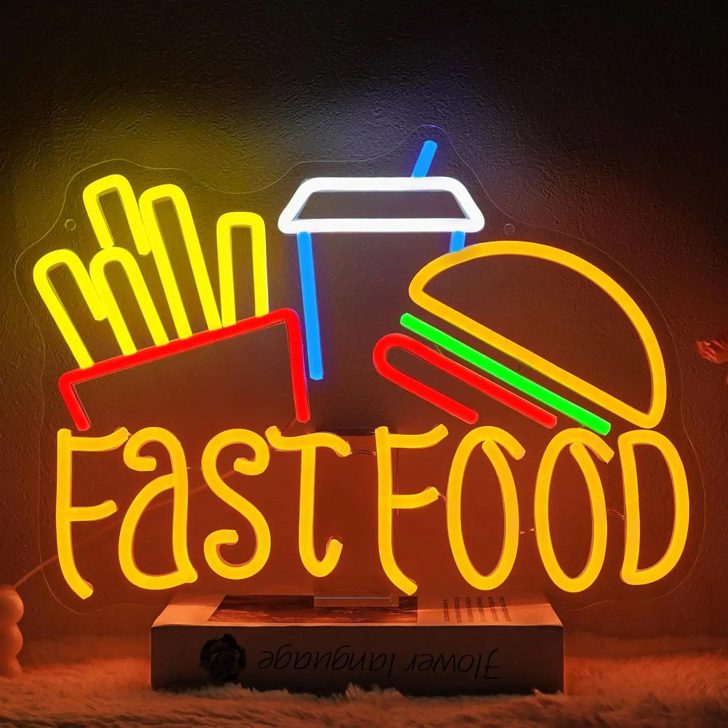 Fast Food Neon Sign USB Powered LED Dimmable Neon Lights for Restaurant Fast Food Store Kitchen Game Room Bar Party Wall Decor