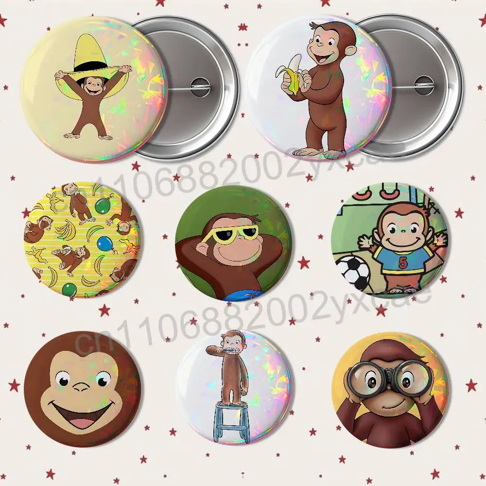 furry monkey on the internet Curious George Badges Badges On Backpack Jacket Cartoon Round Brooches  Acrylic Button Pins