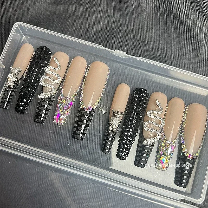 10PCS Handmade 5CM XXXL Long Press On Nails Bling Rhinestone False Nails Tips Reusable Thick Acrylic Fake Nail With Glue Gift