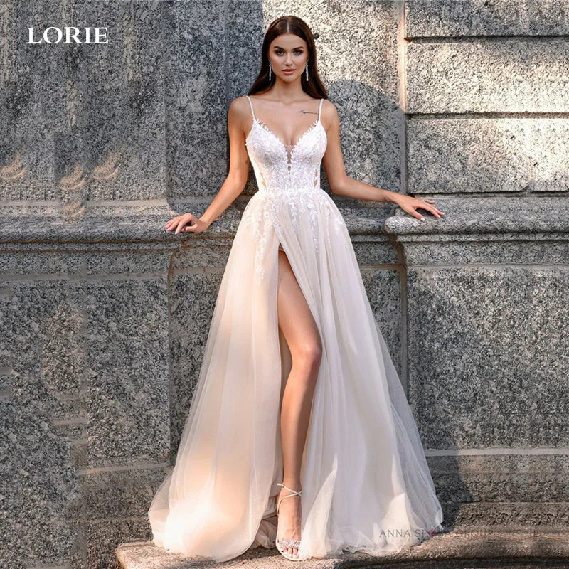 

LORIE Sleeveles Lace Wedding Dresses A Line Spaghetti Straps Corset Bride Dress Sexy V Neck Side Split Wedding Gowns