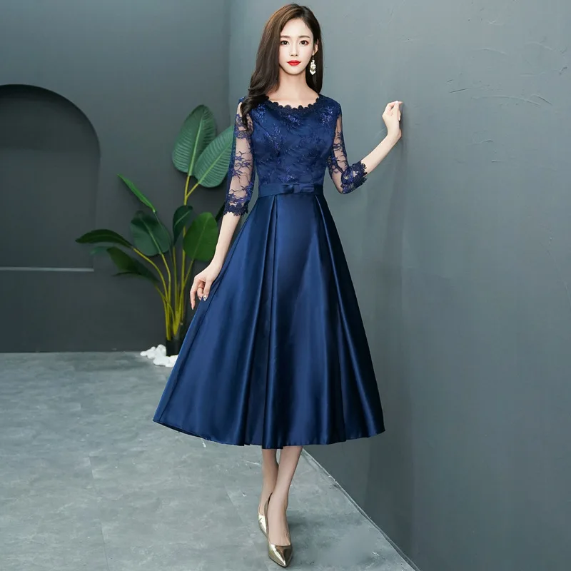 

2022 New Medium Long Banquet Dress Slim Lace Half Sleeve Dresses Navy Blue Evening Dress nigh club party vestidos mujer S-2XL